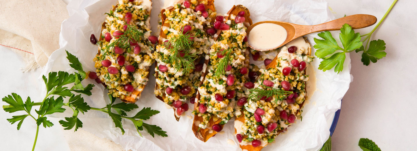 Loaded Mediterranean Baked Sweet Potatoes