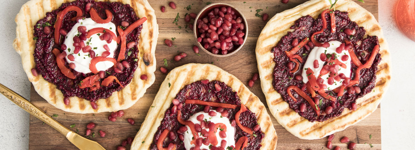 Miniature Grilled Flatbreads with Beet Pesto